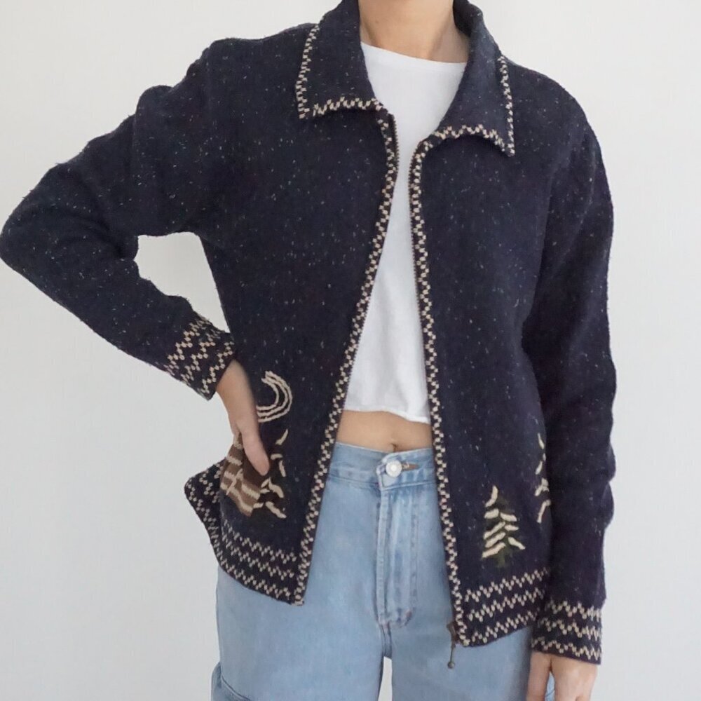 Vintage Christopher Banks Navy Cabin Lodge Scenic Knit Zip Heritage Sweater M
